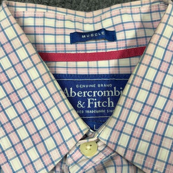 Abercrombie & Fitch Muscle Mens Shirt Large Pink Plaid Gingham Logo Cotton VTG - Picture 11 of 16